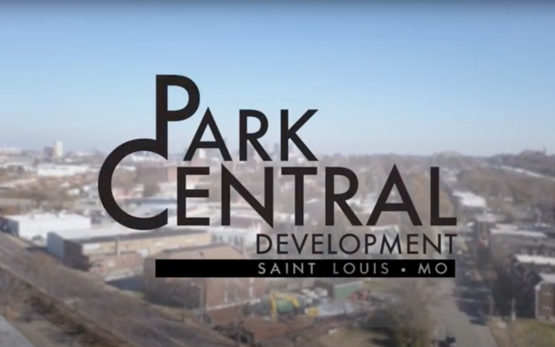 A drone shot of St Louis is overlaid with the Park Central Development logo on top of it.